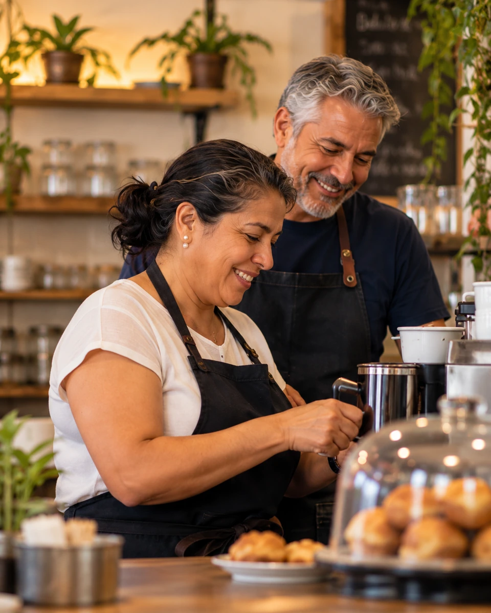 Una pareja de emprendedores prepara café en su cafetería
