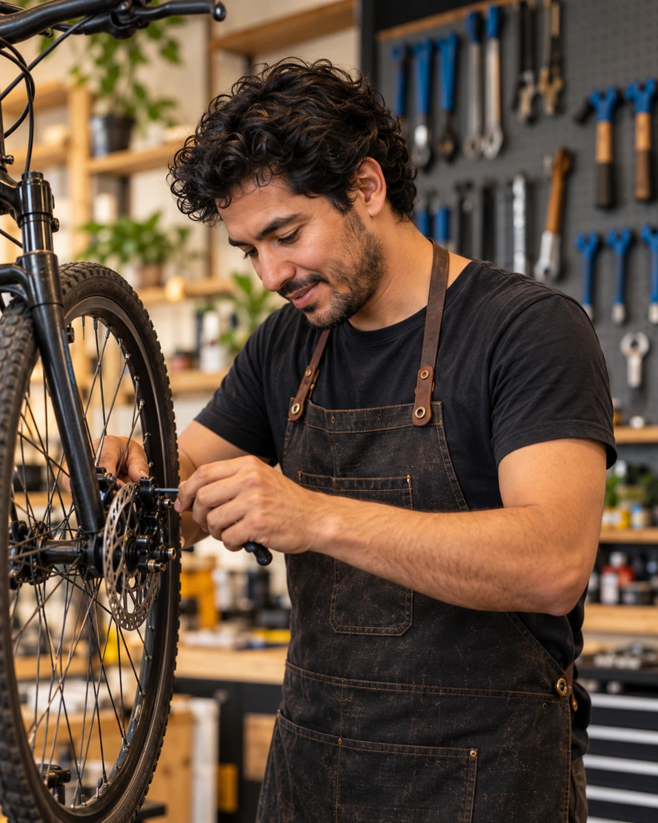 Un emprendedor trabaja en una bicicleta en su taller